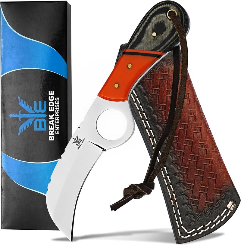 BE BREAK EDGE Handmade Stainless Steel Lineman’s Hawkbill knife with Leather sheath, Heavy Duty Utility Knife blade Electrician Wire Skinning knife for professional. - Image 1